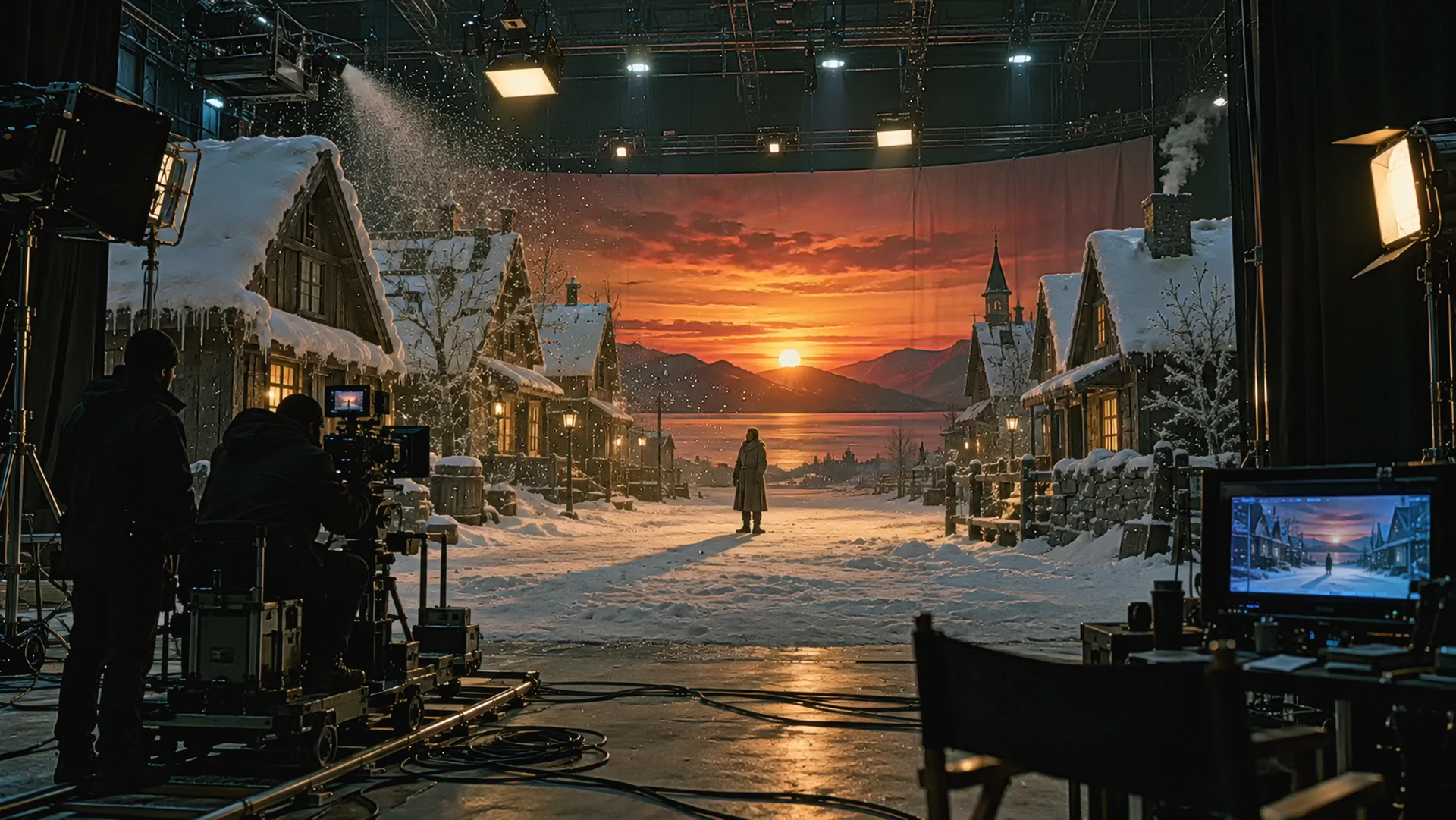 Interno immaginato di un teatro di posa: una strada di villaggio in legno coperta di neve costruita sul palco, un tramonto fermo sul fondale in fondo alla strada, un attore solo in mezzo alla strada, con la griglia luci, i proiettori, una macchina della neve, un dolly e le sagome della troupe intorno al set.